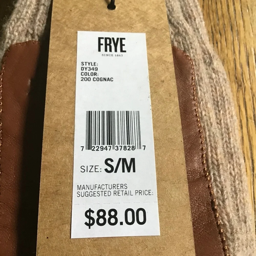 NWT Frye Leather Patch Long Knit Wool Gloves Logo Cognac Brown Tan S/M